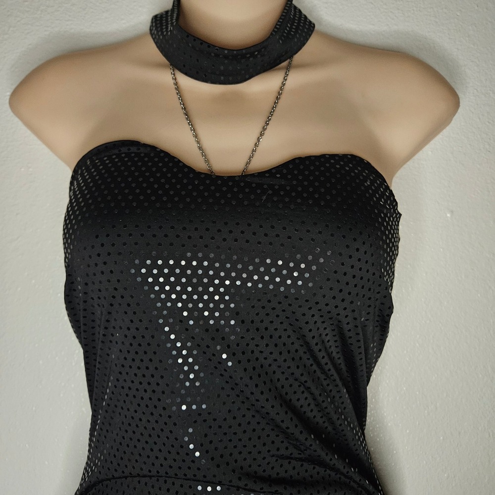 Y2k Cristina Black Sequin Bodycon Mini Dress Choker Neck - Picture 3 of 7
